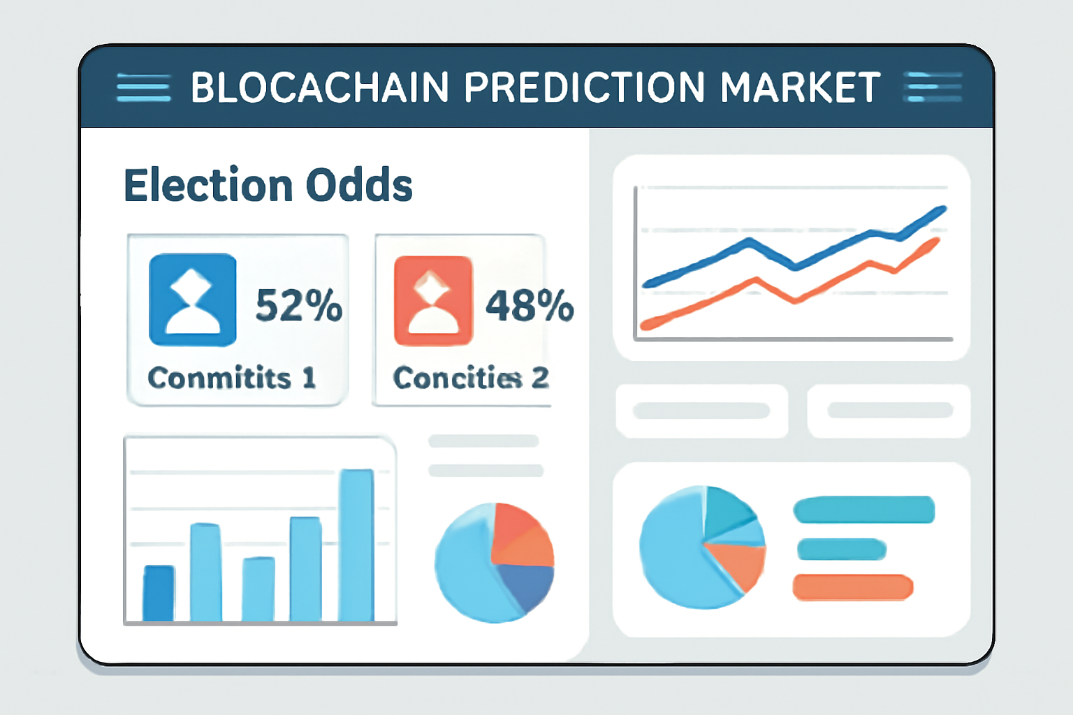 A dynamic dashboard of a blockchain prediction market platform with election odds and charts, digital and modern style.