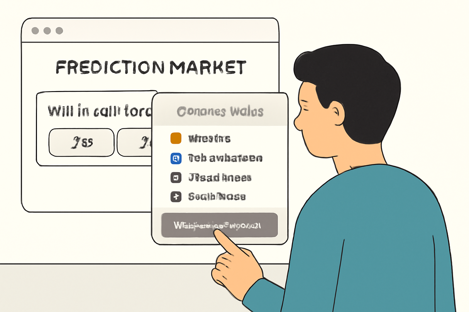 A user clicking 'Connect Wallet' on a prediction market website, with a pop-up showing wallet options.