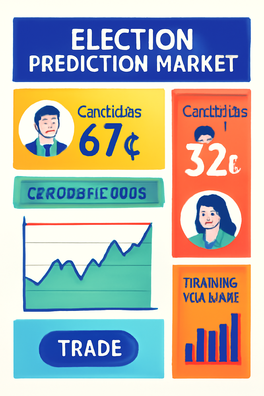 Election prediction market page showing candidate odds, charts, and trading volume, vibrant and energetic.