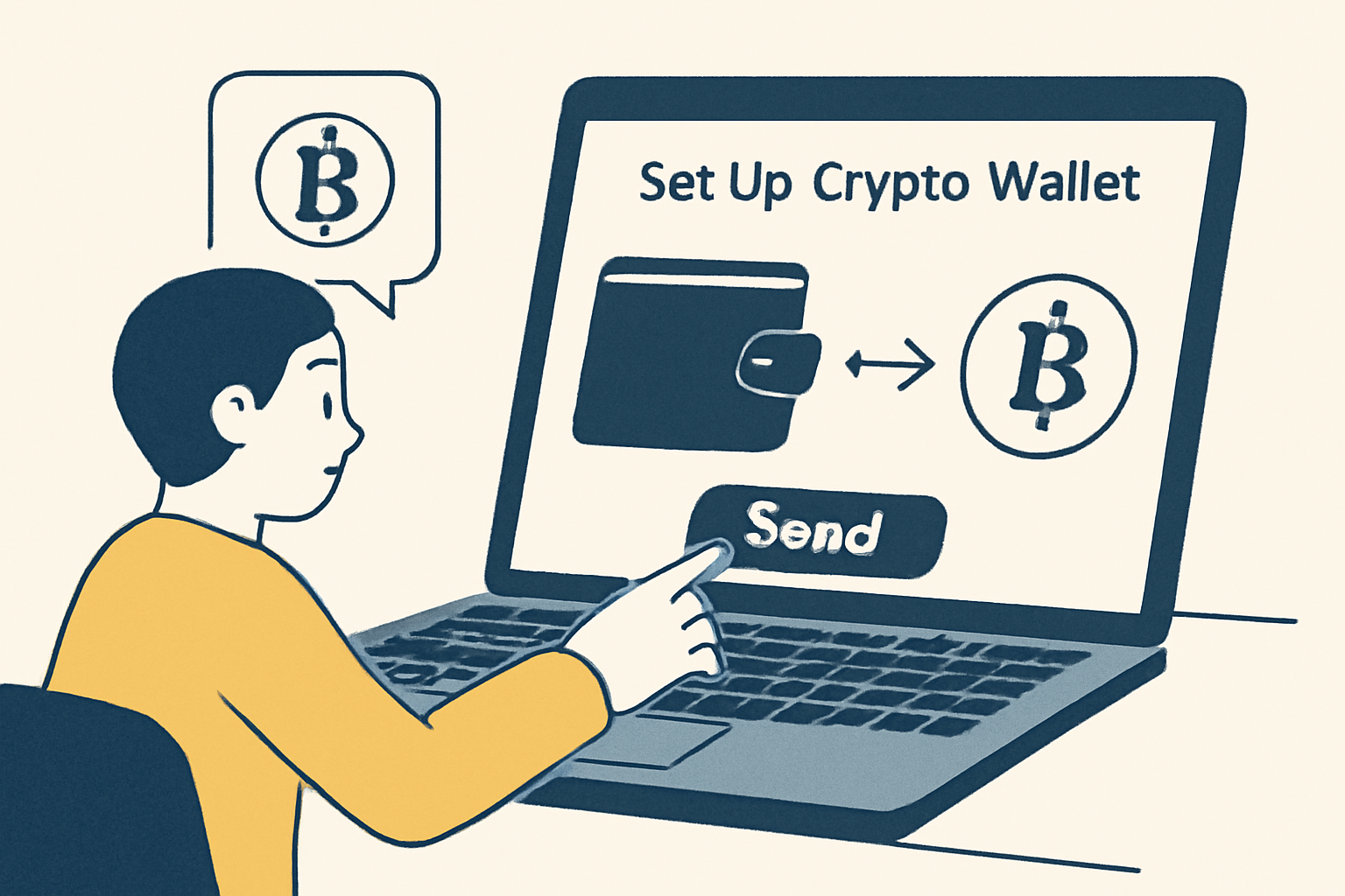 A user setting up a crypto wallet on a laptop, transferring digital coins, with clear interface elements.
