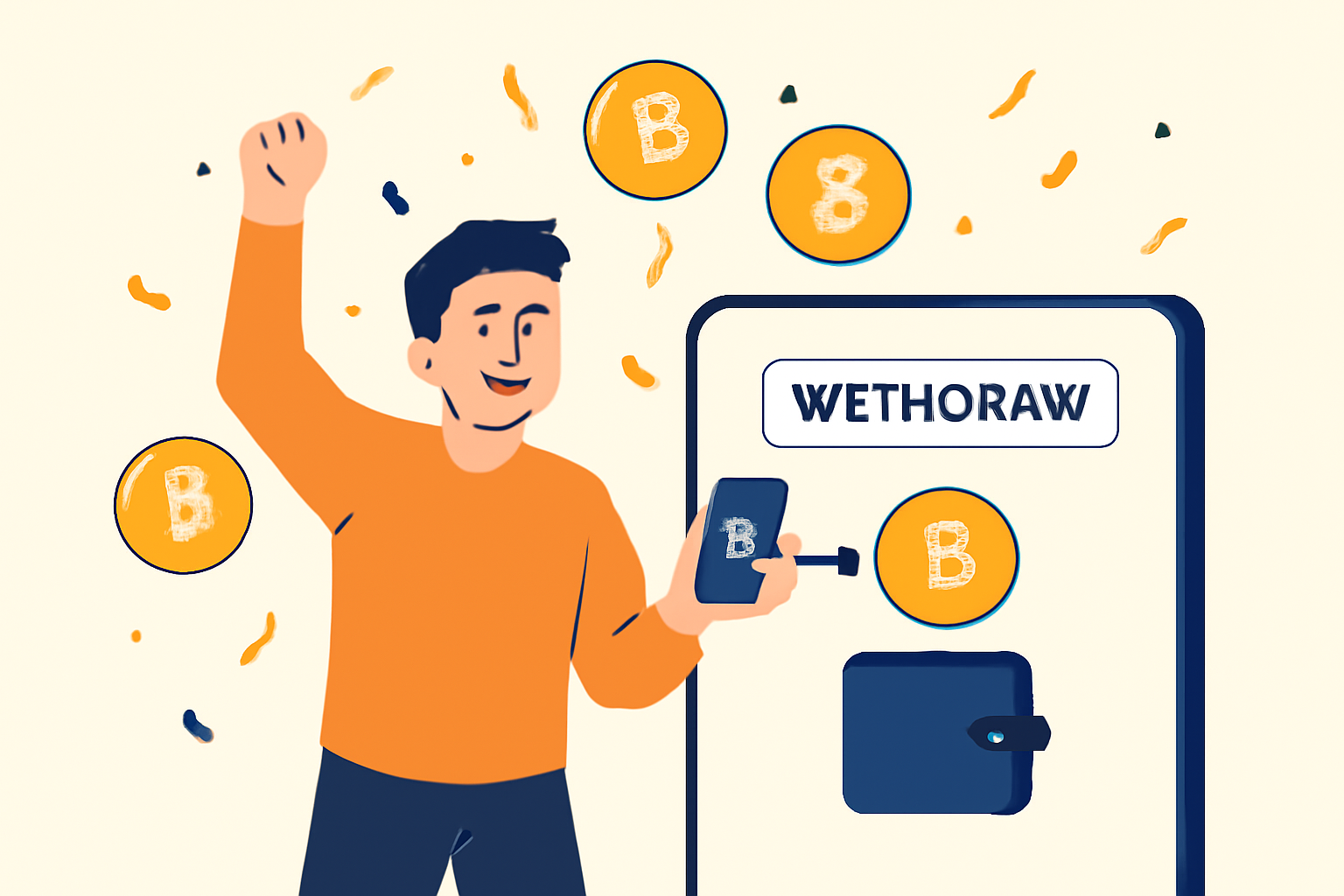 A user celebrating a win, withdrawing crypto winnings from the platform to their wallet, with confetti and digital coins.