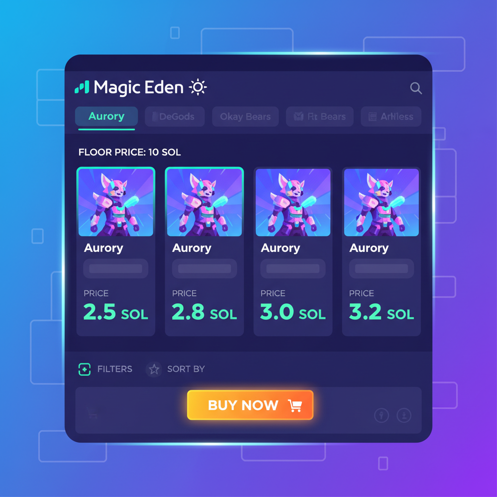 Magic Eden marketplace screen showing Aurory NFTs at dip prices, buy button highlighted, neon Solana aesthetic