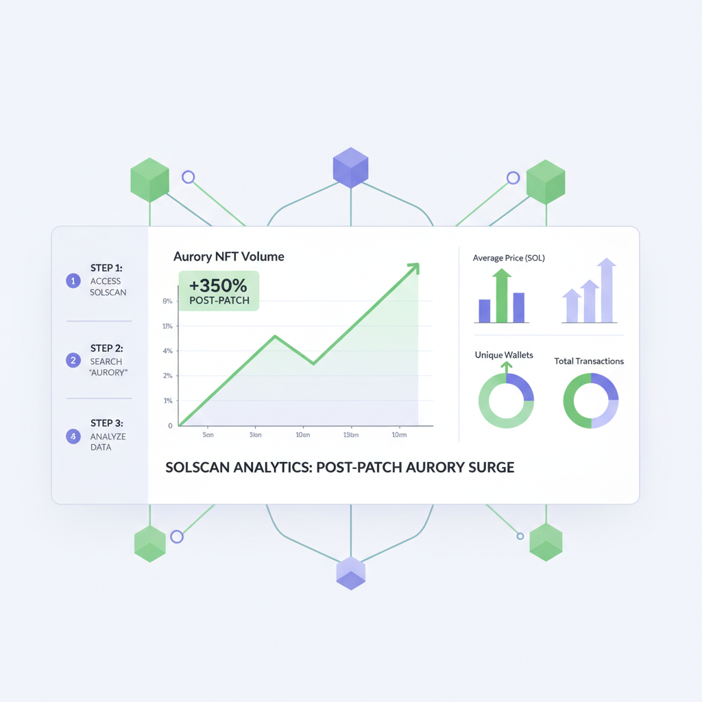 Solscan analytics dashboard with surging Aurory NFT volume post-patch, green upward charts, blockchain nodes