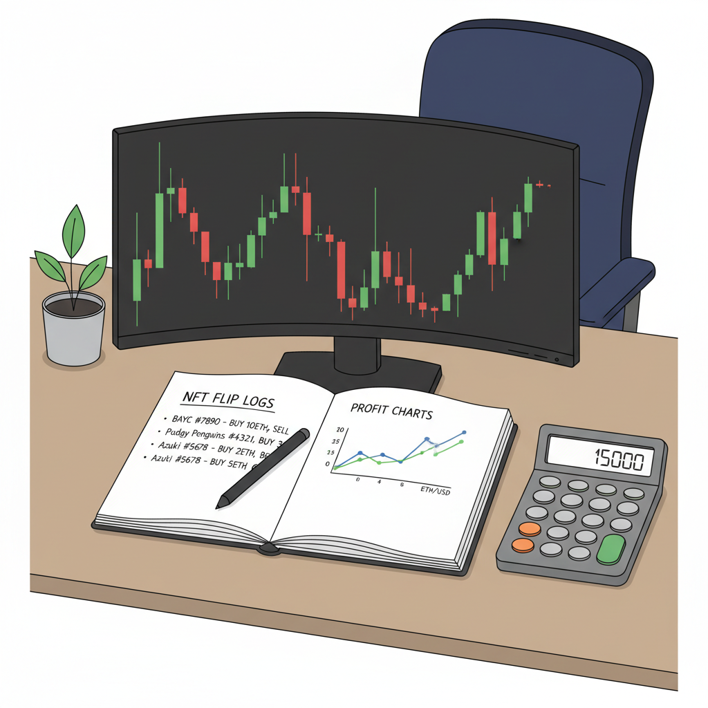 trader's notebook with NFT flip logs and charts, pen and calculator, professional desk setup