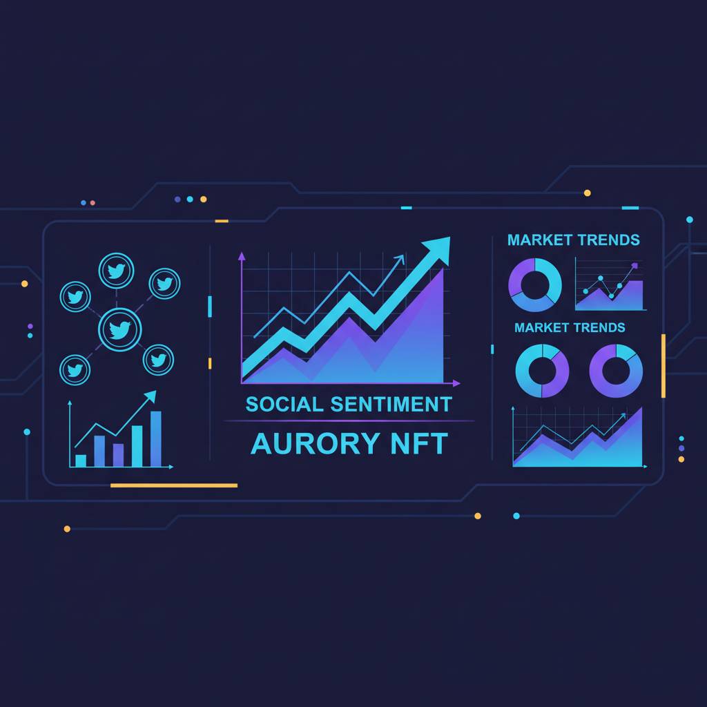 dashboard scanning social sentiment graphs rising for Aurory NFT, charts and Twitter icons, cyberpunk style