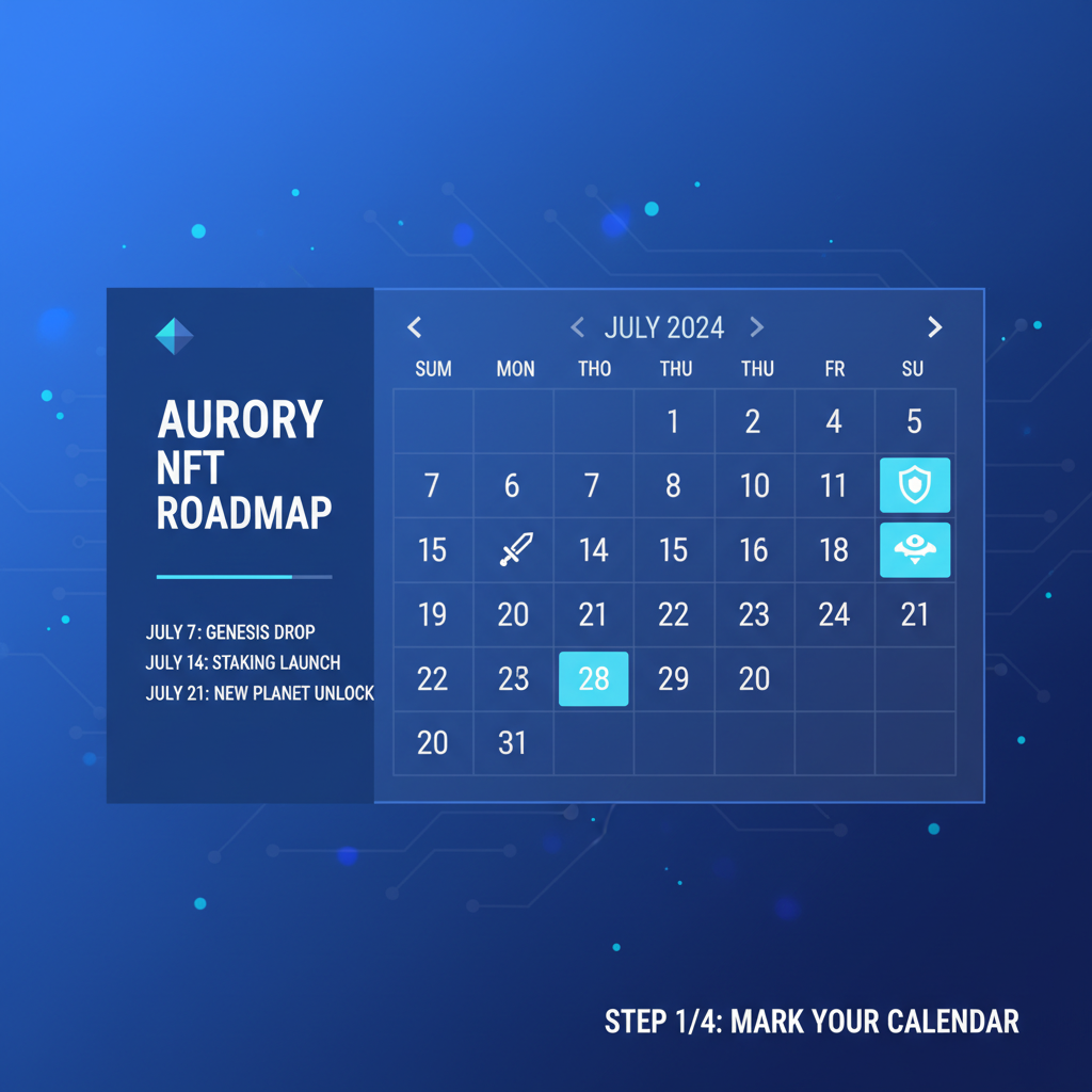clean calendar interface with Aurory NFT roadmap events highlighted, futuristic gaming theme, blue tones