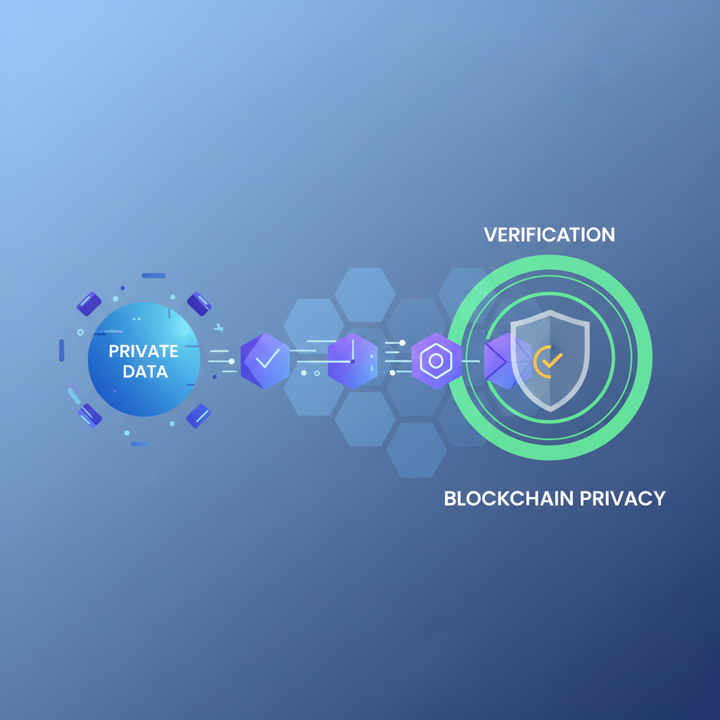 abstract zero-knowledge proof visualization, glowing encrypted proofs verifying data privately, blockchain privacy graphic