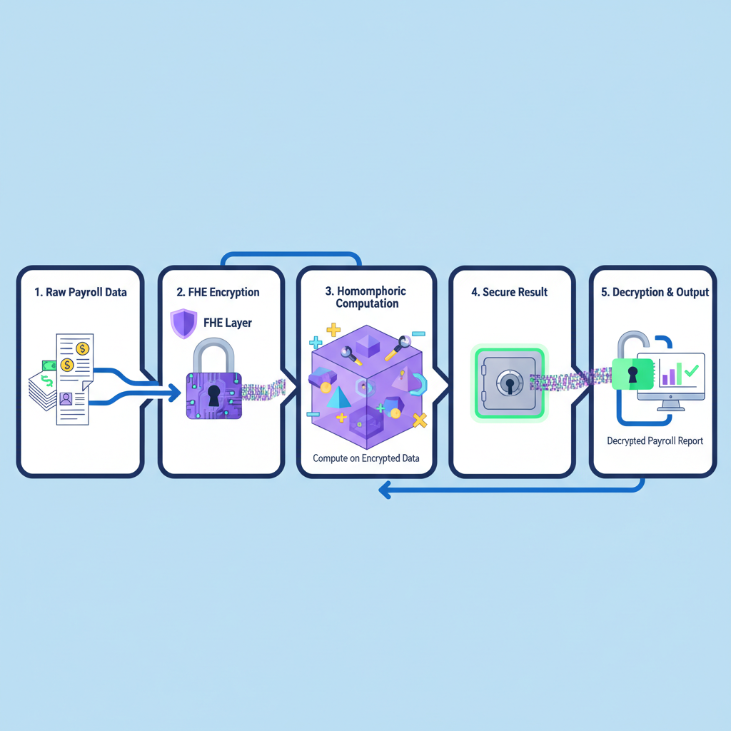 FHE encryption layer over payroll streams, homomorphic computation visuals, secure data flow in crypto network