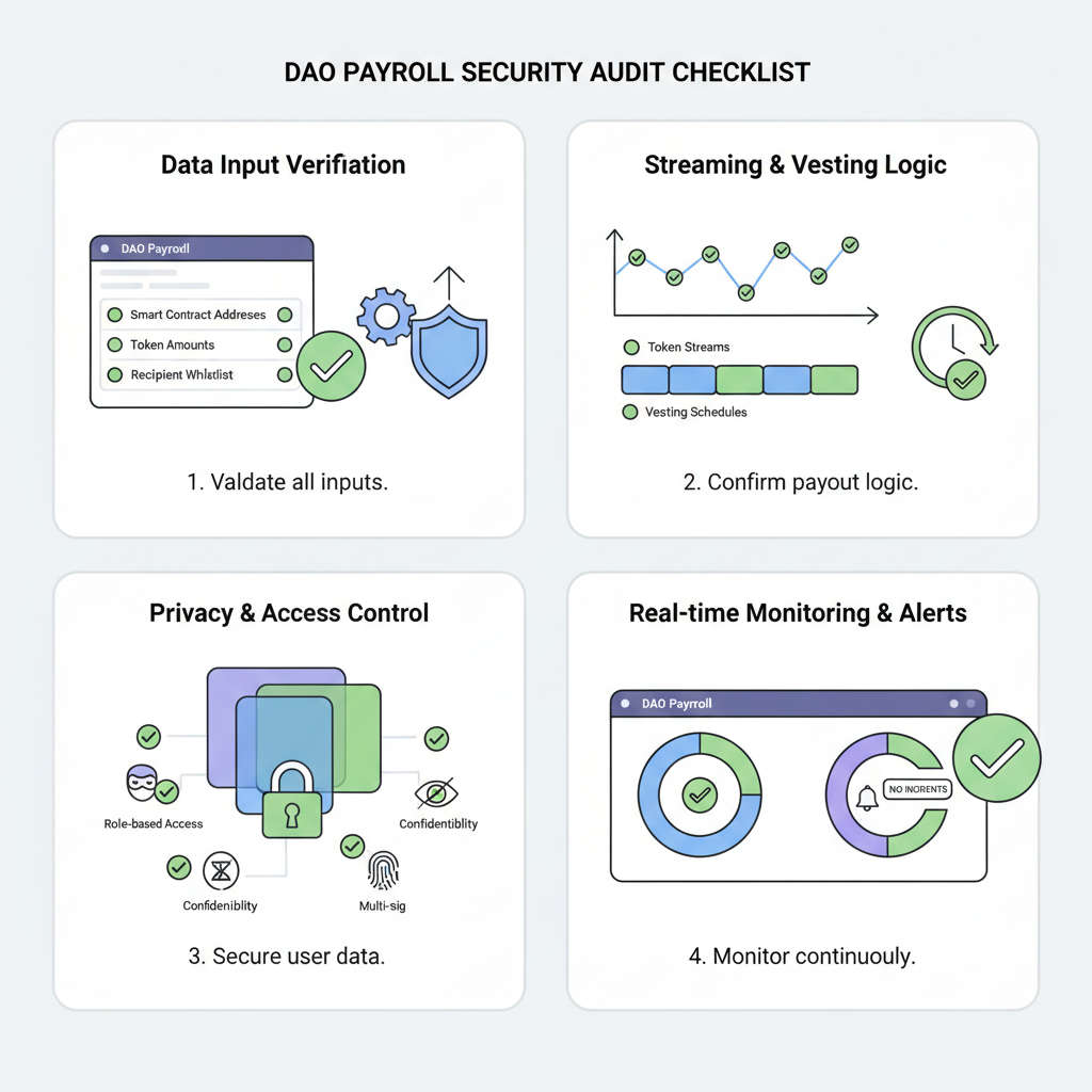 security audit checklist on DAO payroll dashboard, green checkmarks, monitoring graphs for streams and privacy