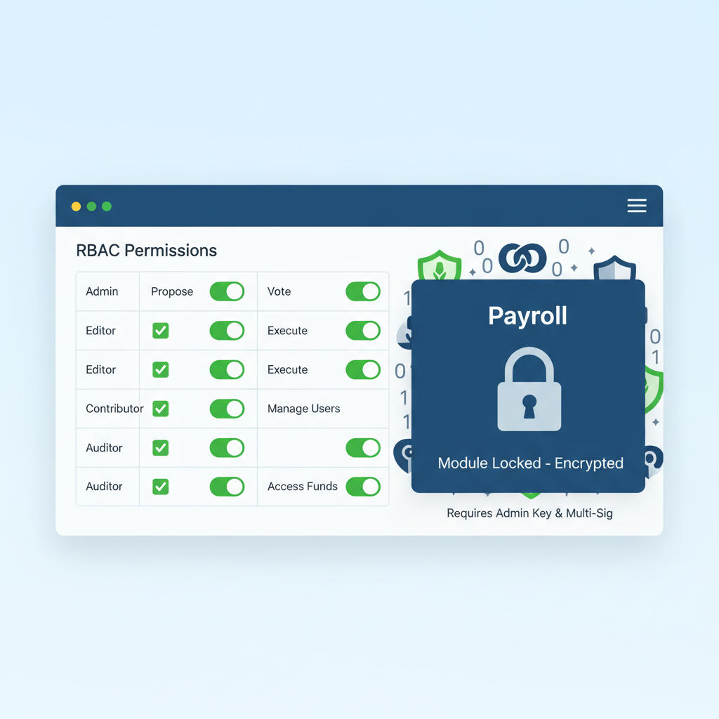 DAO dashboard showing RBAC permissions, locked payroll module with encryption icons, professional secure interface