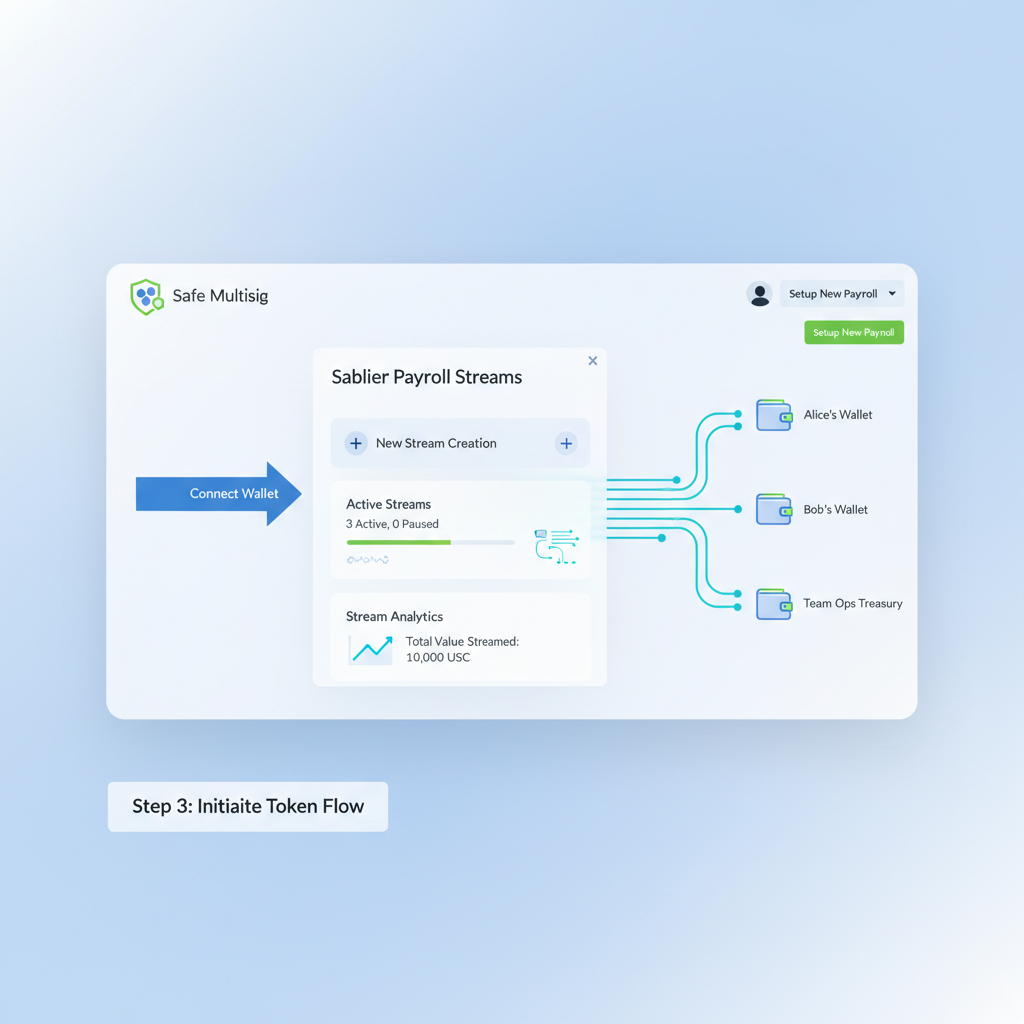 Sablier payroll streaming interface connected to Safe multisig, flowing token streams to wallets, clean web app design