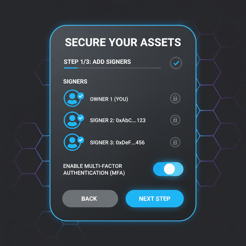 sleek Ethereum Safe multisig wallet interface on dark mode, secure setup screen with signers and MFA toggle, futuristic blockchain UI
