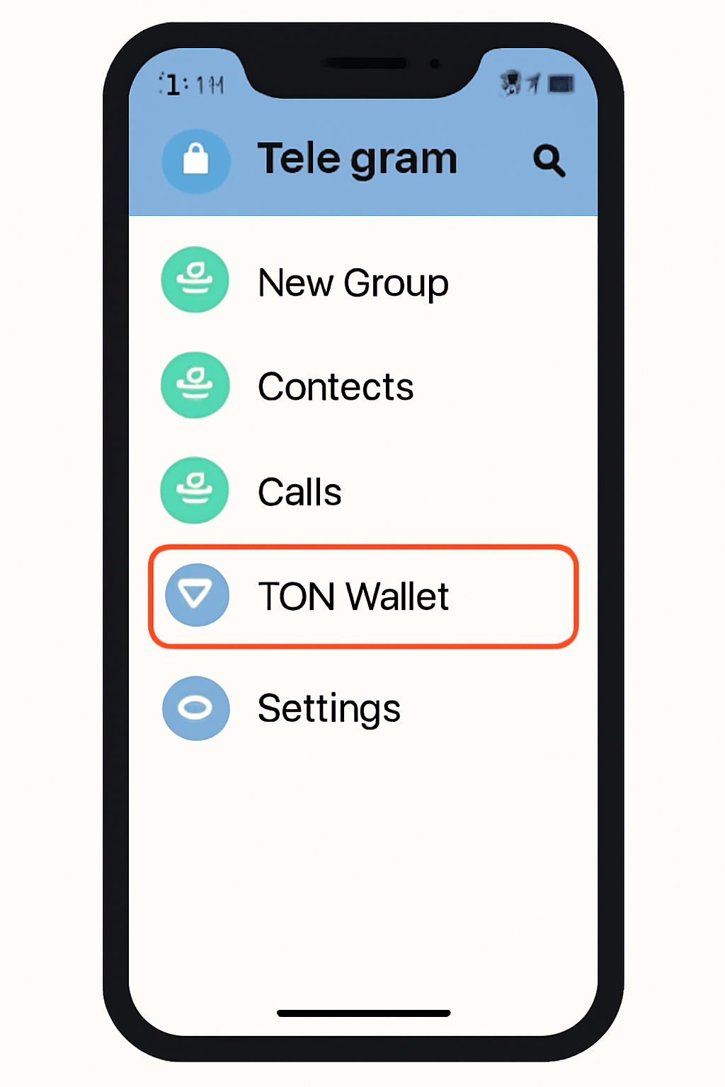 A smartphone screen showing the Telegram app open, with the TON Wallet icon highlighted in the app's menu, modern interface, clear and inviting.