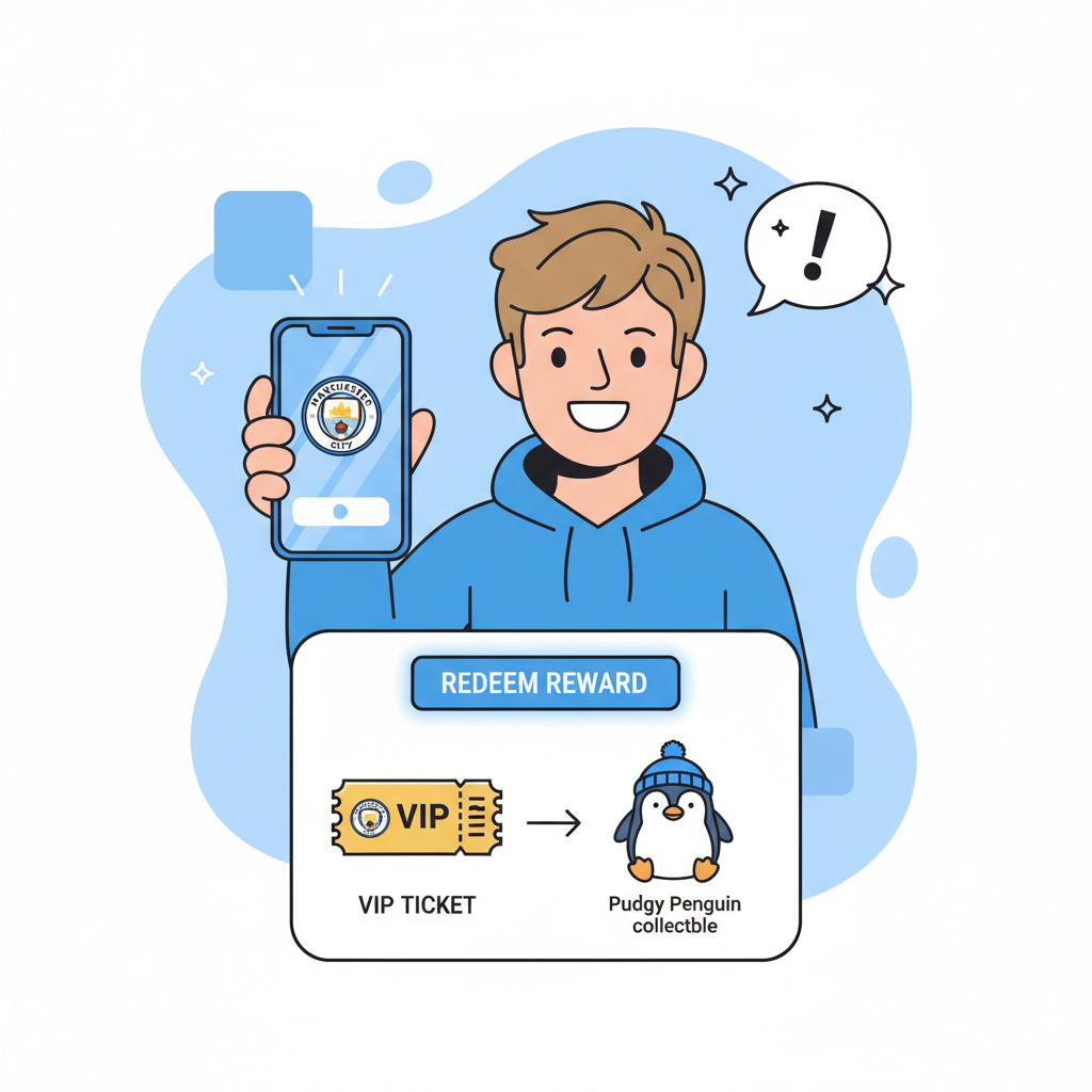 redeeming NFT reward in app, VIP ticket and Pudgy Penguin collectible, excited Manchester City fan