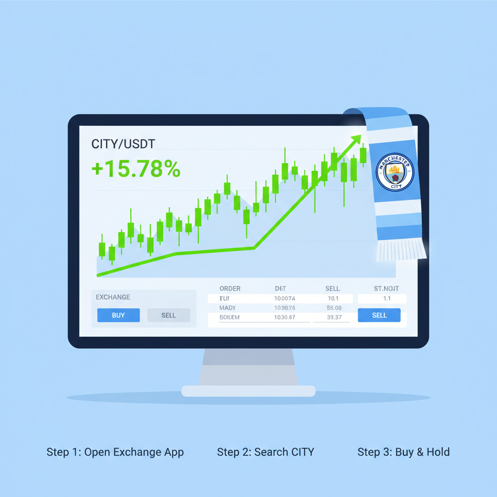 crypto trading chart CITY token rising green, Manchester City scarf on exchange dashboard