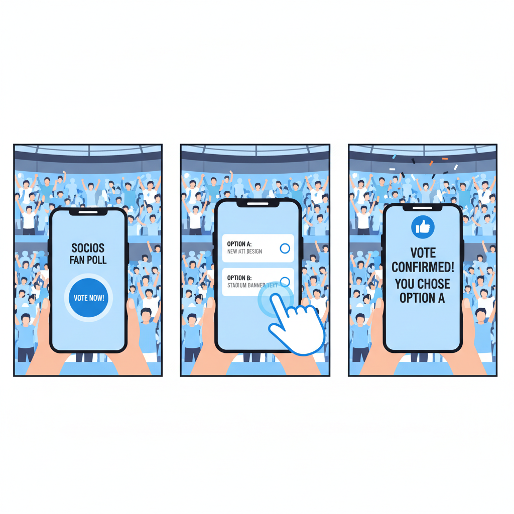 fan voting in Socios poll, Manchester City stadium crowd cheering, interactive app UI