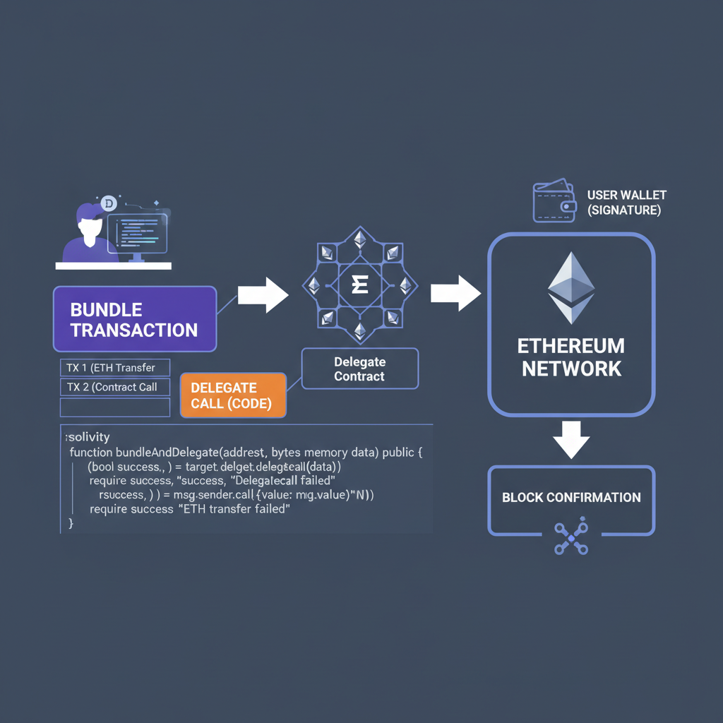 developer bundling transaction with delegate code diagram, code snippets, Ethereum icons, professional dark mode