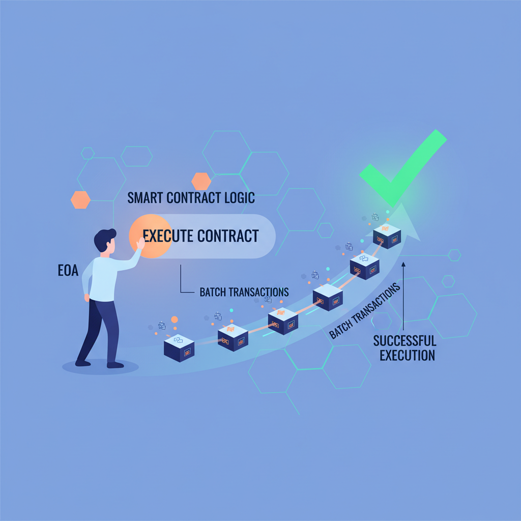 EOA executing smart contract logic, batch transactions flowing, success checkmark, vibrant blockchain visualization