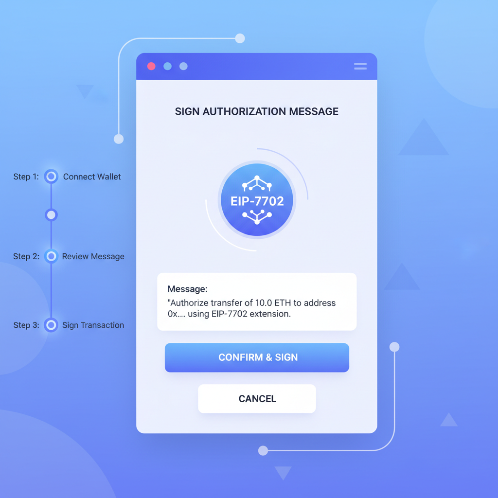 user signing authorization message in crypto wallet interface, EIP-7702 badge, clean UI, futuristic blue tones