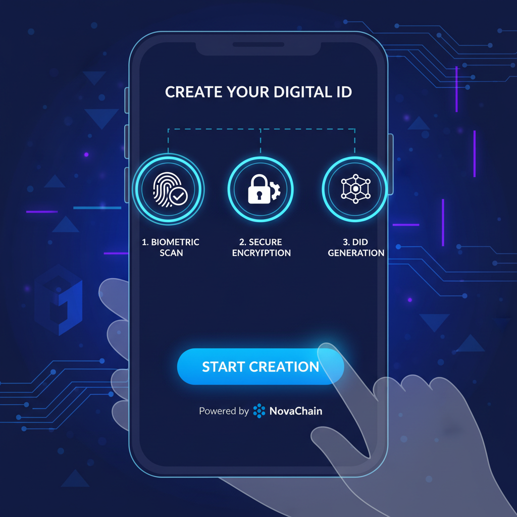 sleek mobile wallet app interface showing DID creation screen, futuristic blockchain UI, blue neon accents, high-tech