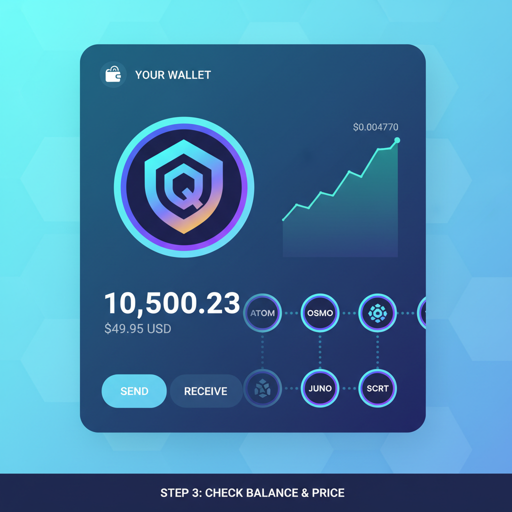 crypto wallet balance screen with CHEQ token, price chart showing $0.004770, interchain cosmos icons, vibrant digital