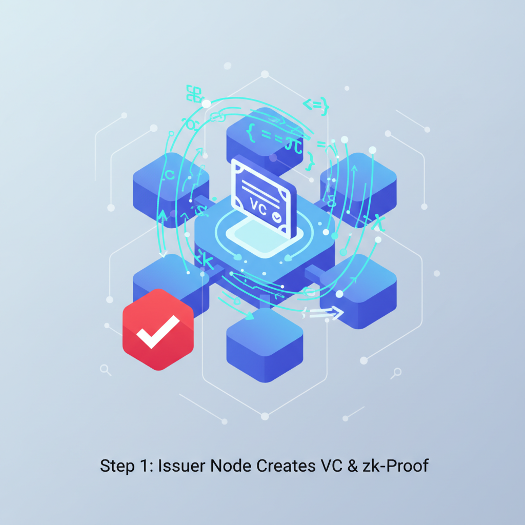 blockchain issuer node issuing VC, zk-proof circuits glowing, cheqd logo, abstract zero-knowledge math visuals