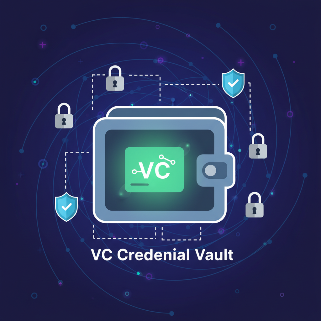 digital wallet vault storing glowing VC credential, lock icons, privacy shields, cosmos interchain background