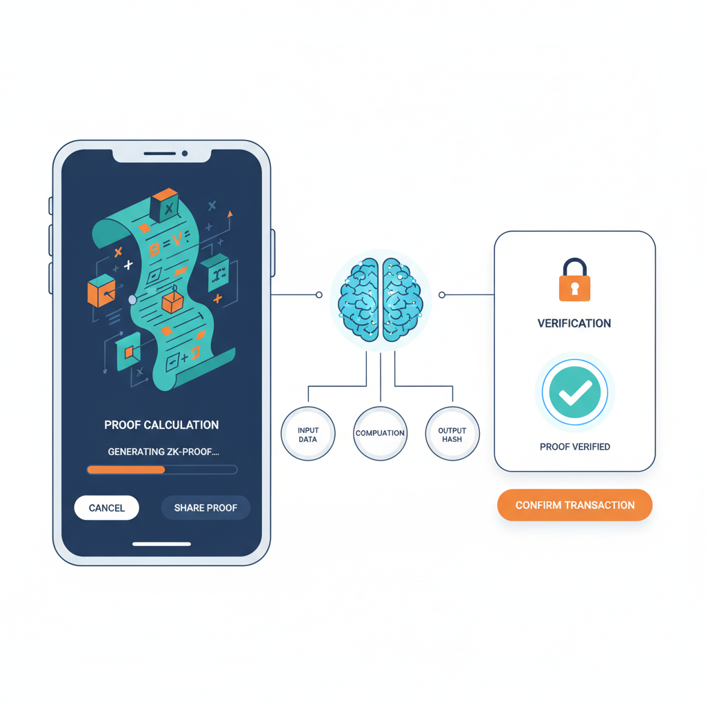 zk-proof generation UI in wallet, math proofs unfolding, verification checkmark, innovative tech aesthetic