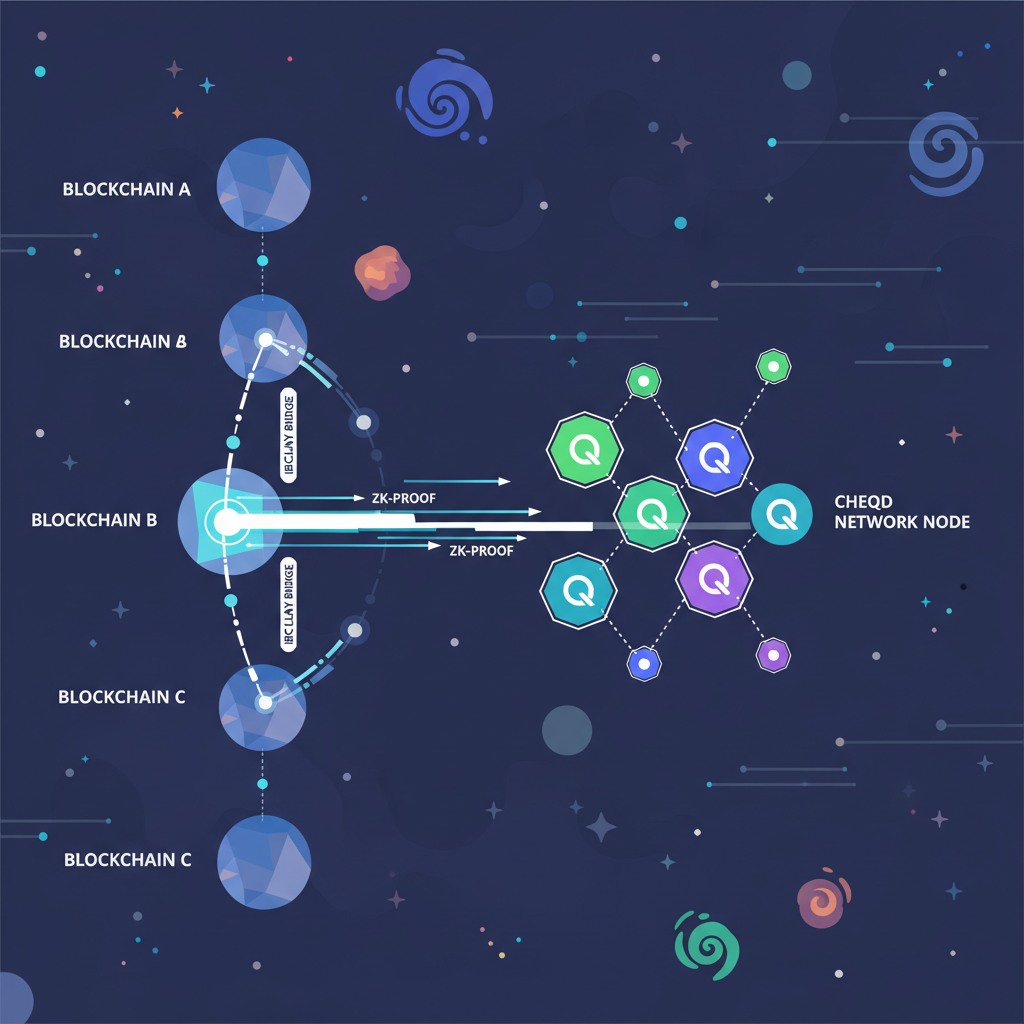IBC relay bridges connecting blockchains, zk-proofs traveling light beams, cheqd network nodes, interstellar digital