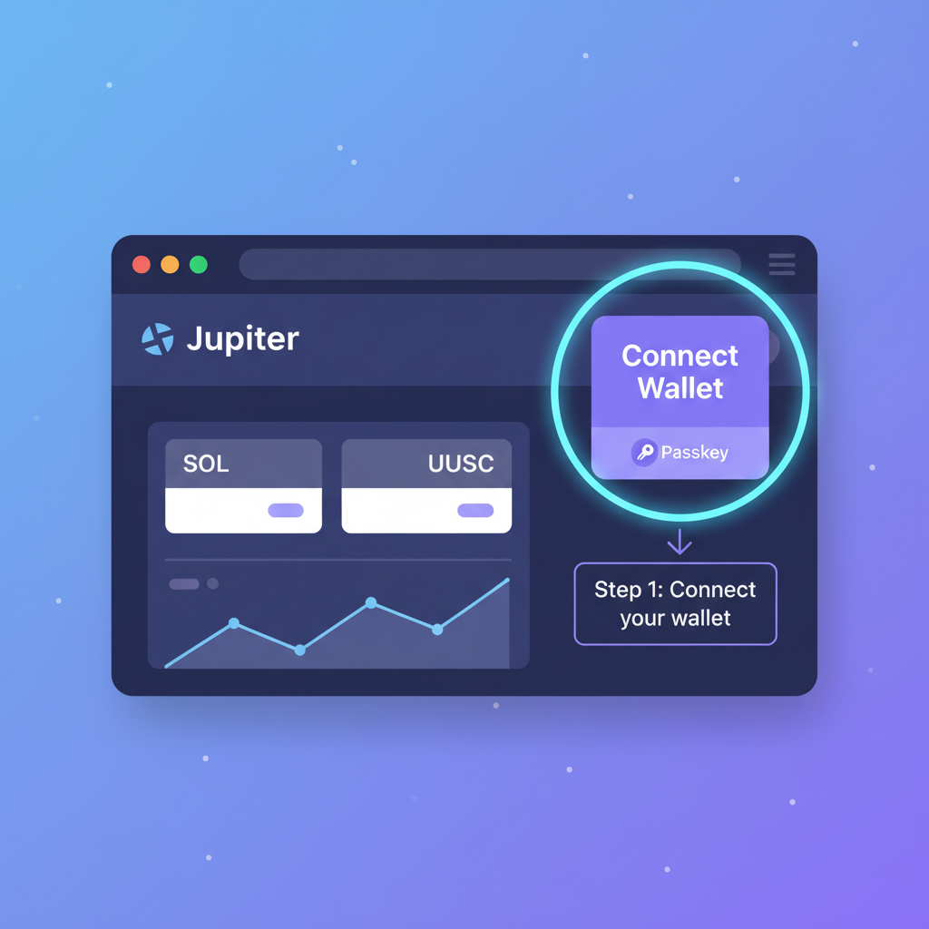 browser window on Jupiter DEX site jup.ag, connect wallet button highlighted with passkey option, futuristic crypto UI, clean design