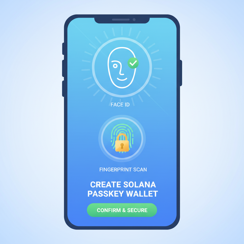 smartphone screen showing biometric face ID or fingerprint scan for Solana passkey wallet creation, glowing secure UI, optimistic vibe