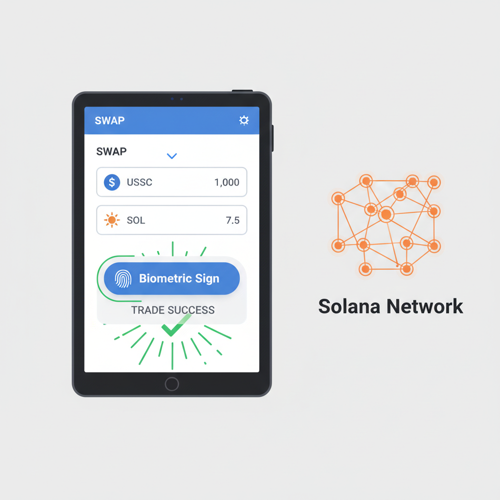 Jupiter DEX swap interface USDC to SOL, biometric sign button, trade success animation, Solana network graphic