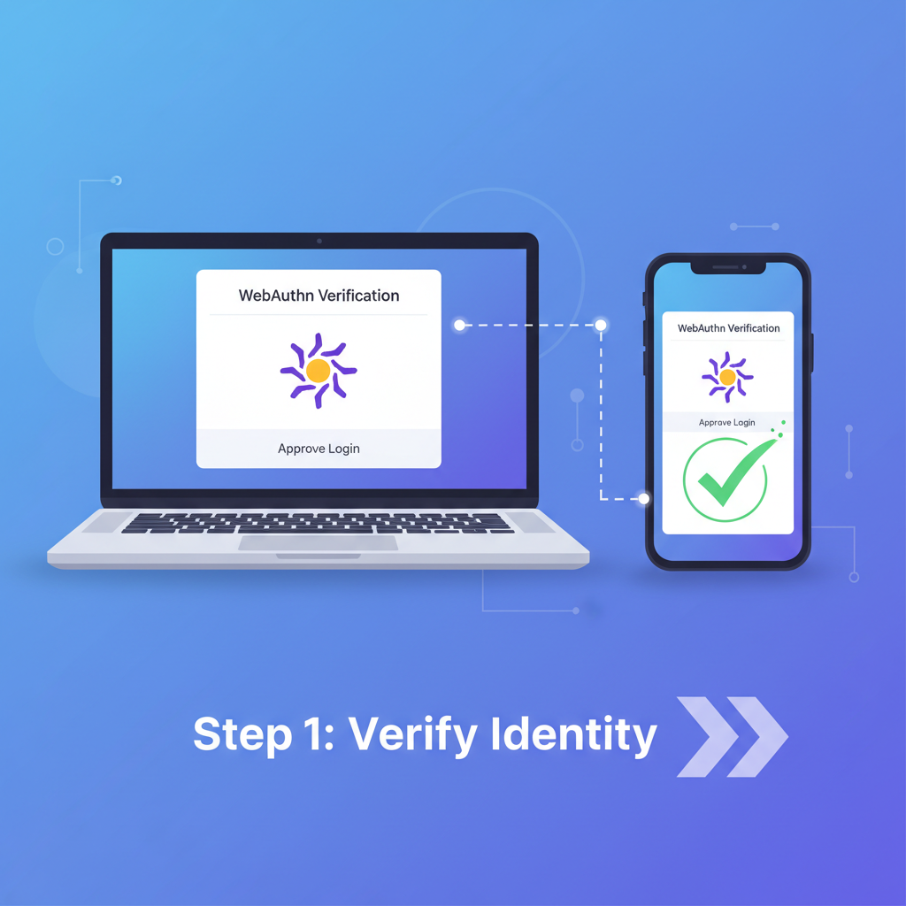 WebAuthn verification popup on laptop and phone, Solana logo, secure checkmark animation, modern tech style