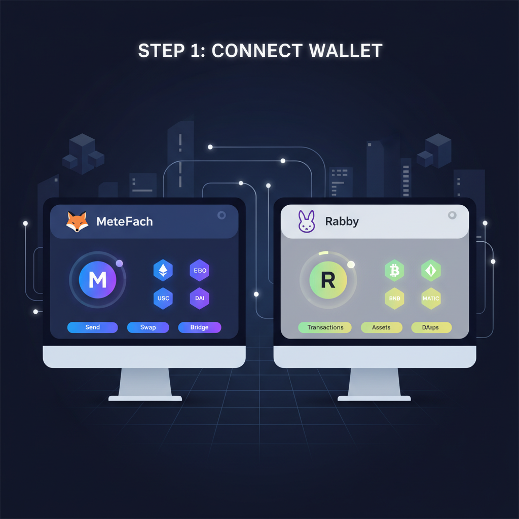 sleek illustration of MetaMask and Rabby wallet interfaces on desktop, glowing crypto icons, futuristic DeFi theme