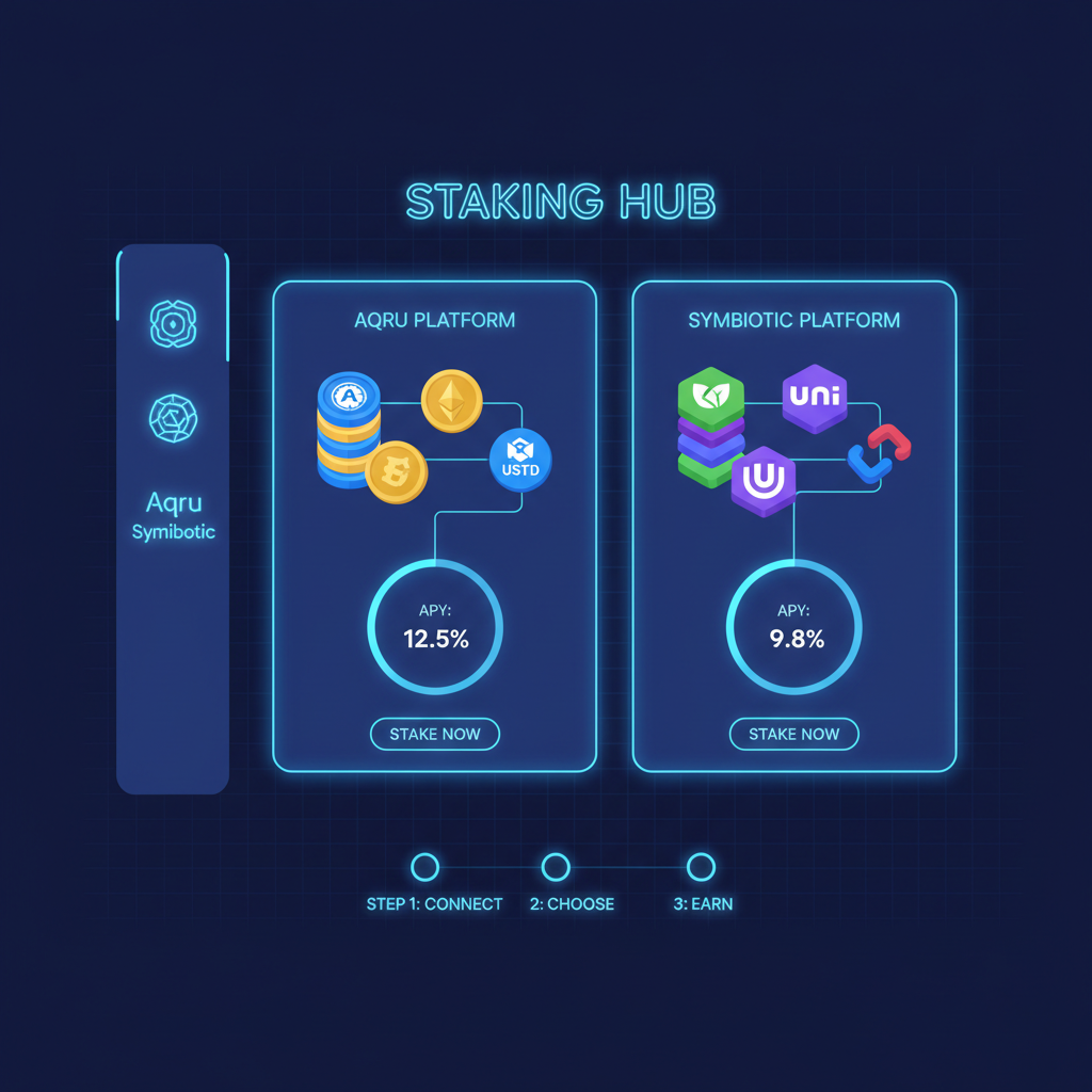 modern UI dashboard of Aqru and Symbiotic staking platforms, token icons stacking, blue neon DeFi aesthetic