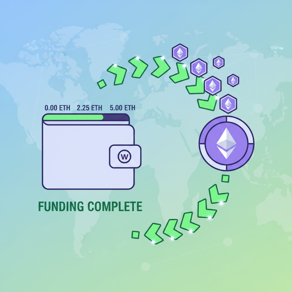 wallet funding animation with ETH tokens flowing in, blockchain network visualization, vibrant green transfer arrows