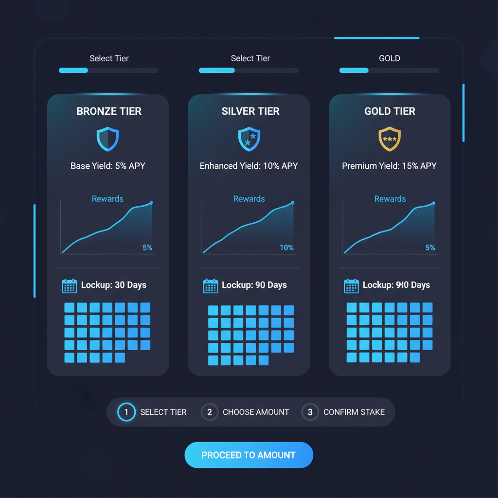 staking tier selection screen with lockup calendars and reward graphs, ascending yield curves, dark mode interface