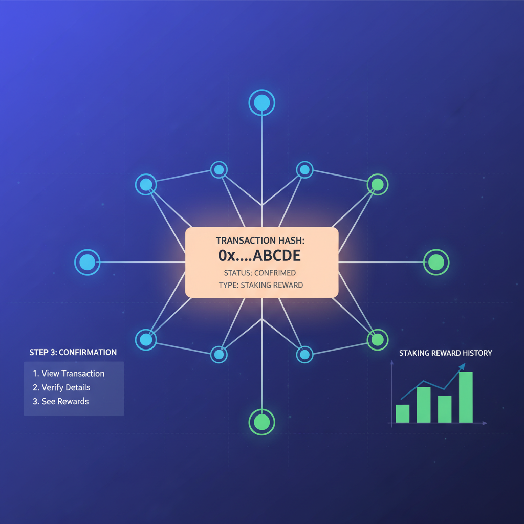 blockchain explorer view of confirmed staking tx, transaction hash glowing, network nodes connecting