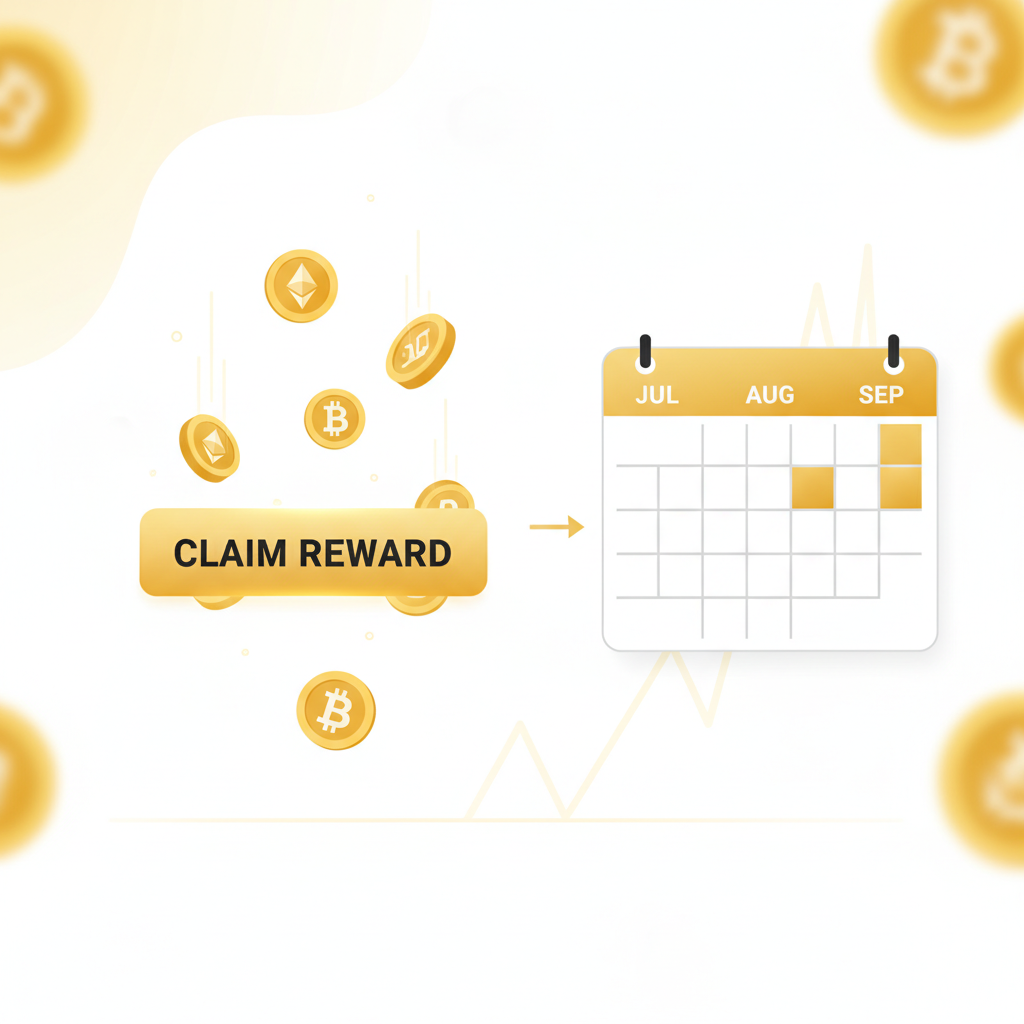 reward claim button on DeFi dashboard, tokens raining down, quarterly calendar highlight, celebratory gold tones