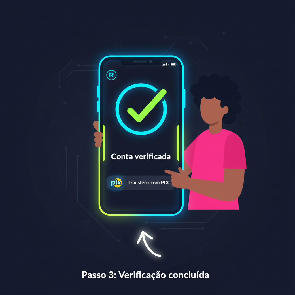 Brazilian user verifying account on Mercado Bitcoin app, green checkmark, PIX logo, vibrant neon crypto interface