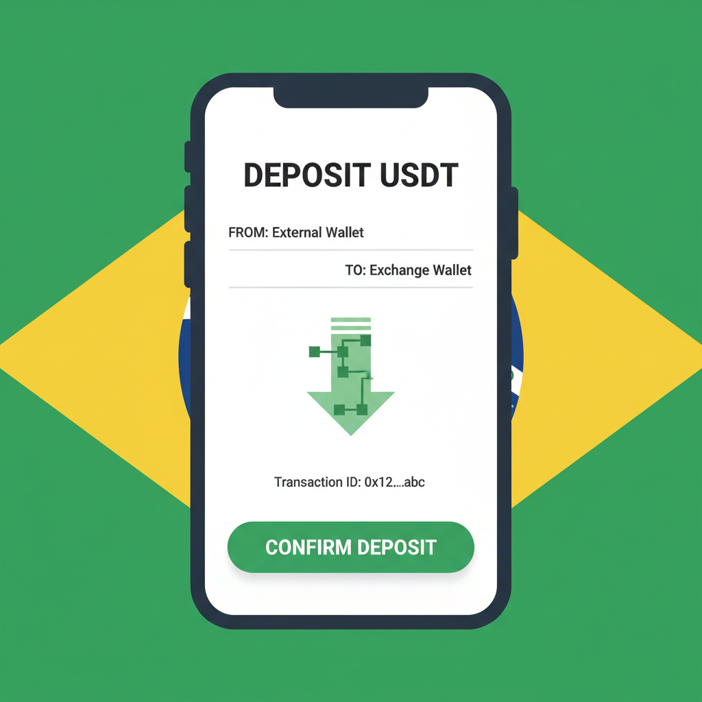Smartphone screen showing USDT deposit to exchange wallet, blockchain transaction arrow, Brazil flag background