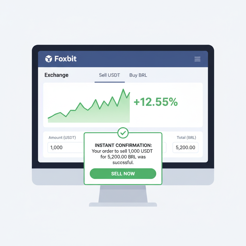 Trading interface selling USDT for BRL on Foxbit, green profit chart spiking, instant confirmation popup