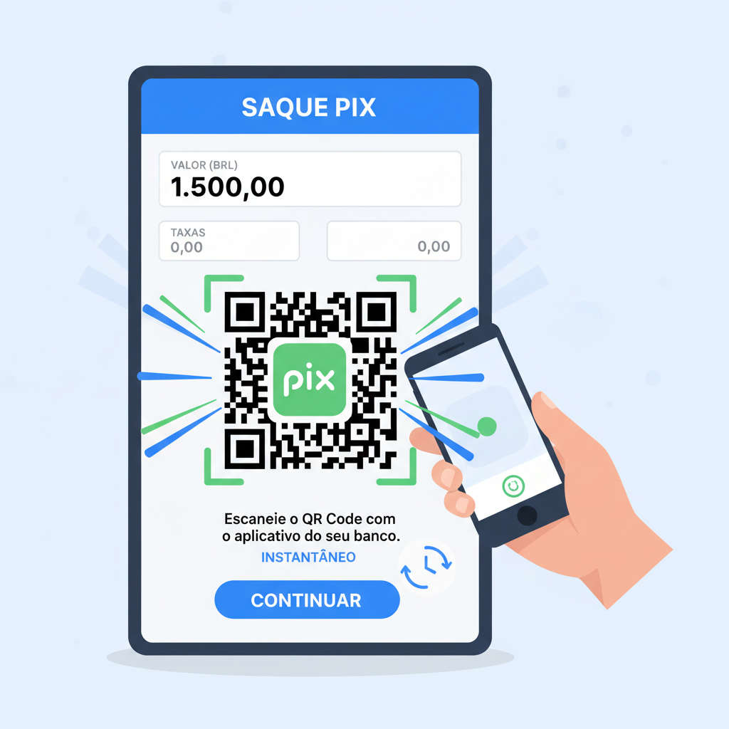 PIX withdrawal screen on crypto exchange, Brazilian bank QR code scanning, speed lines for instant transfer