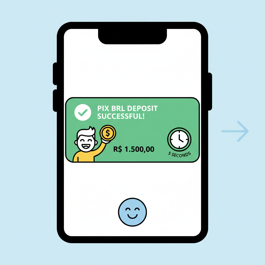 Phone notification of successful PIX BRL deposit, happy user with cash icon, clock showing 5 seconds