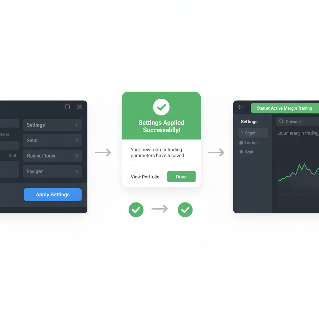 applying settings button in DeFi margin trading interface, confirmation popup, green success theme