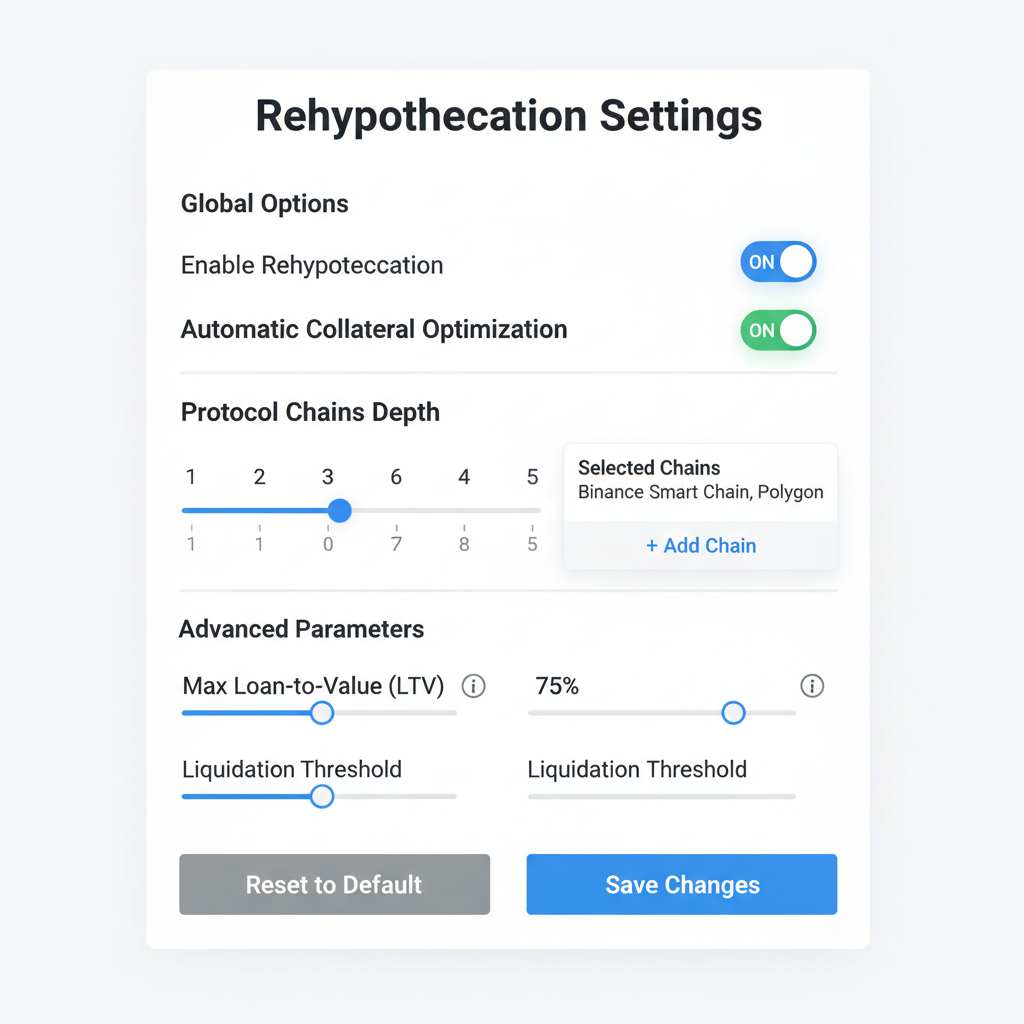 configuring sliders and toggles for rehypothecation settings in DeFi app, protocols chains depth options, detailed UI