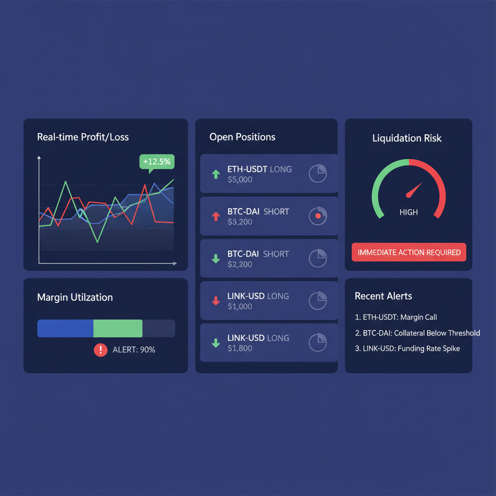 monitoring dashboard with charts alerts for DeFi margin positions, real-time data visualization, dark mode