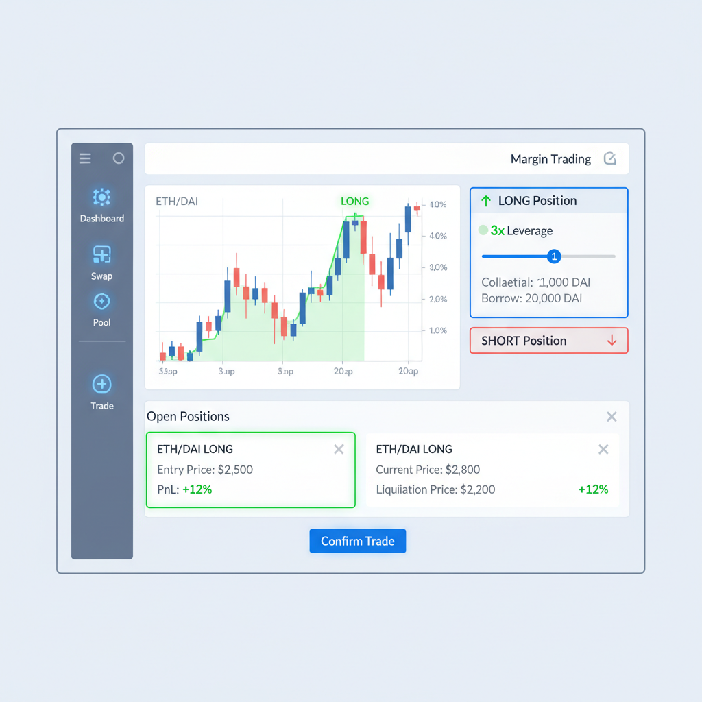 DeFi dashboard selecting margin trading position, charts and positions highlighted, professional interface