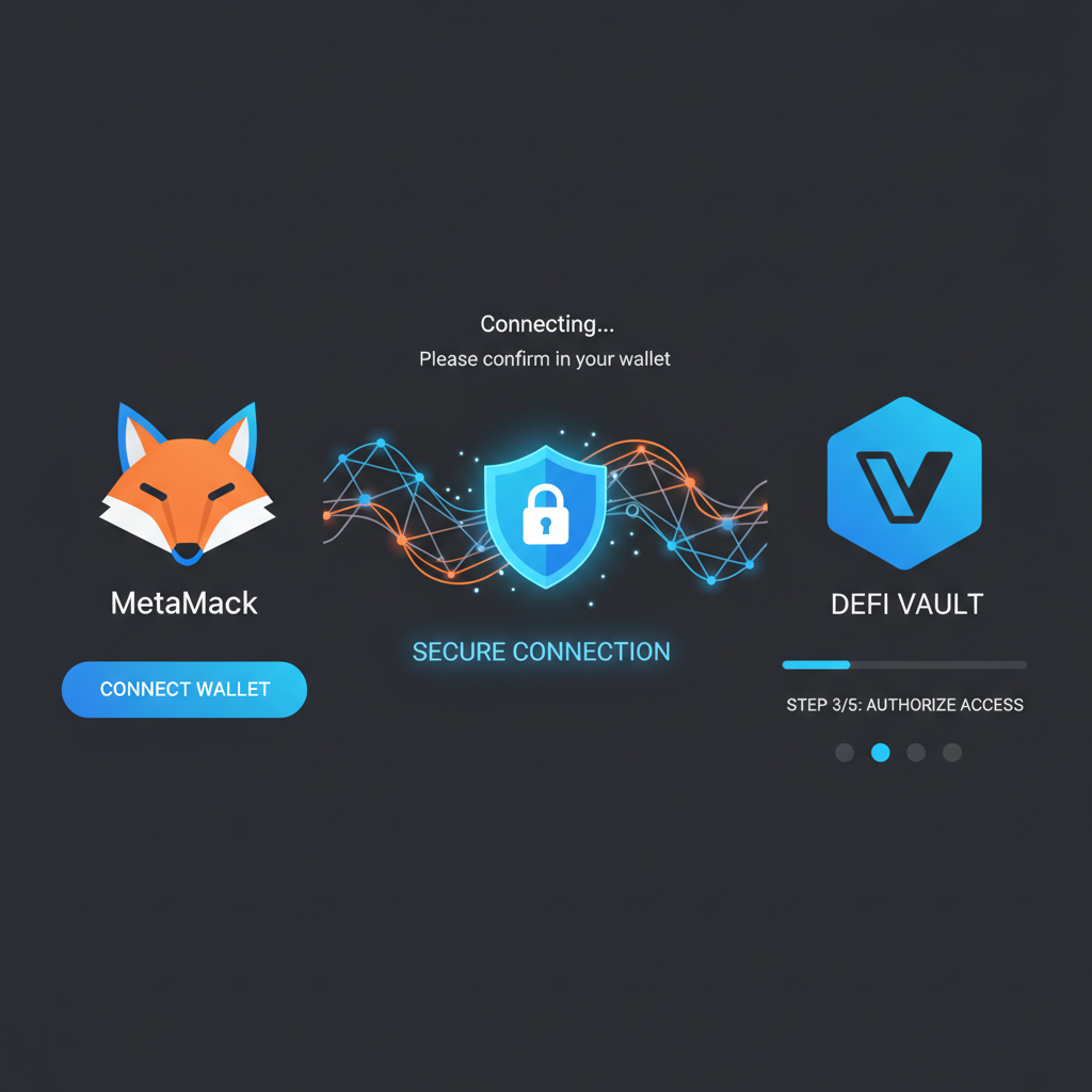 MetaMask wallet connecting to DeFi vault interface, glowing connection animation, secure lock icon, dark mode UI