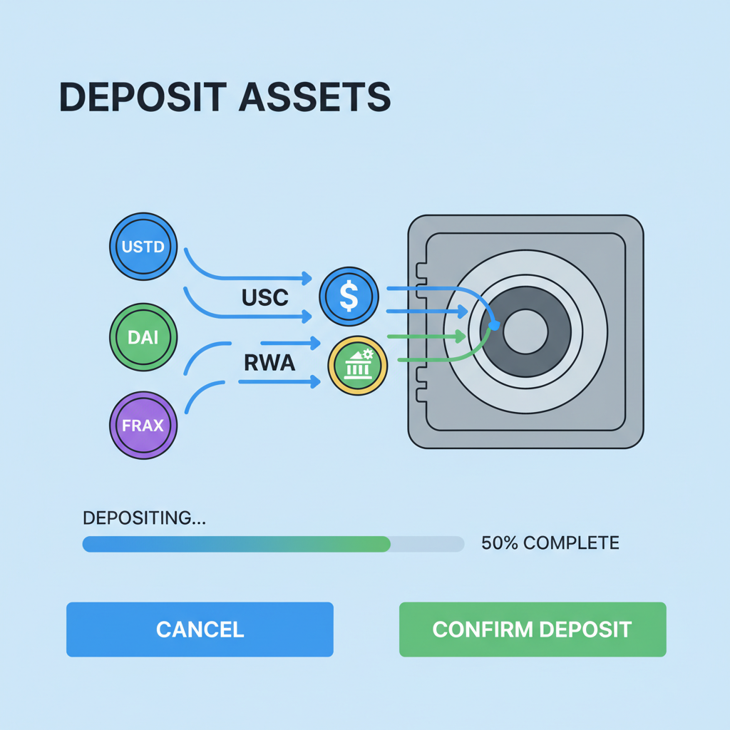 deposit screen with USDC and RWA tokens flowing into vault, stablecoin icons, progress bar, professional DeFi design